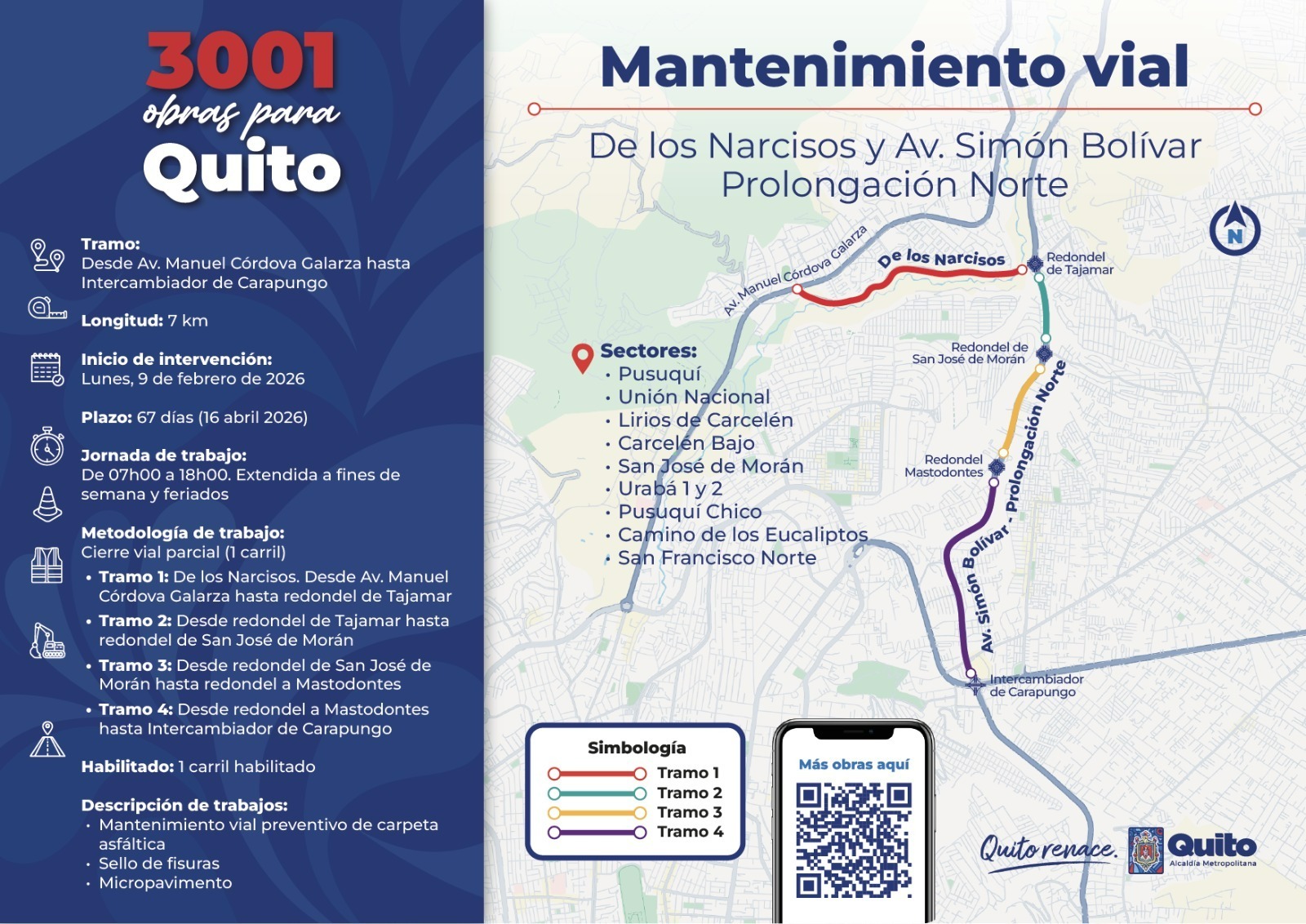 Foto intervención mantenimiento vial - Av. De los Narcisos / Av. Simón Bolívar / Calle Carapungo