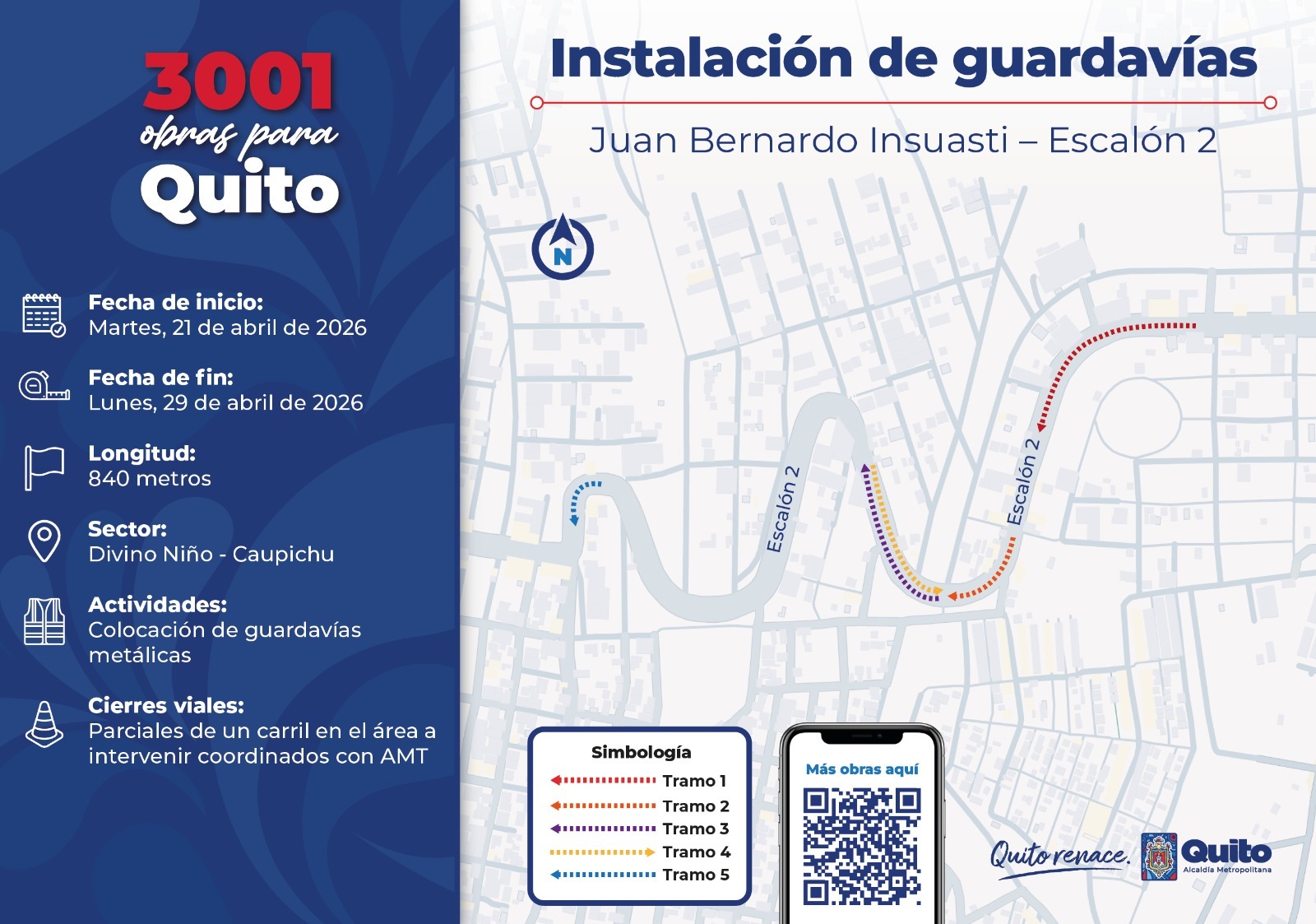 Personal técnico de la Epmmop realizando la instalación de guardavías metálicos de seguridad en la av. Simón Bolívar