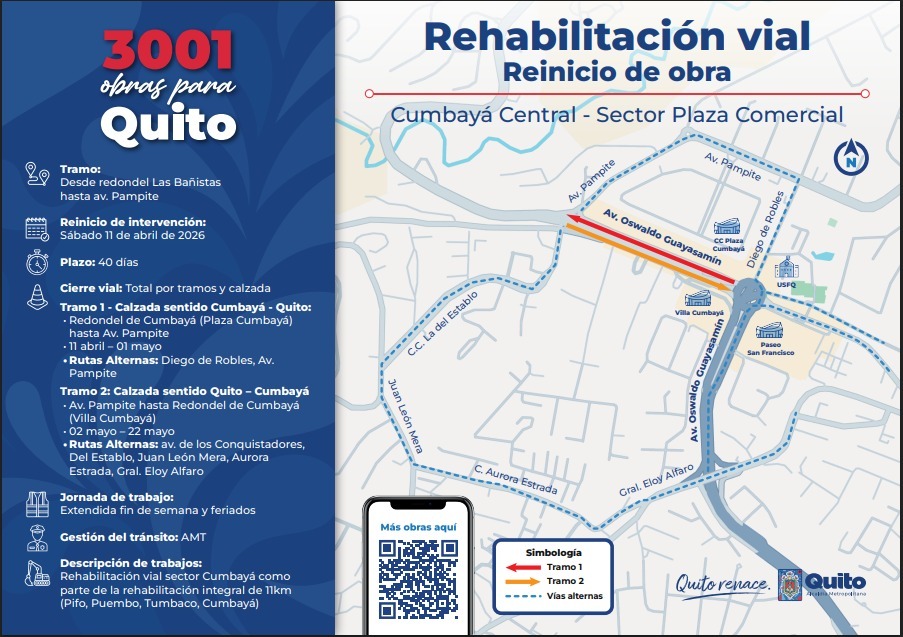Obras de rehabilitación vial y colocación de asfalto en la avenida Interoceánica en el sector de Cumbayá