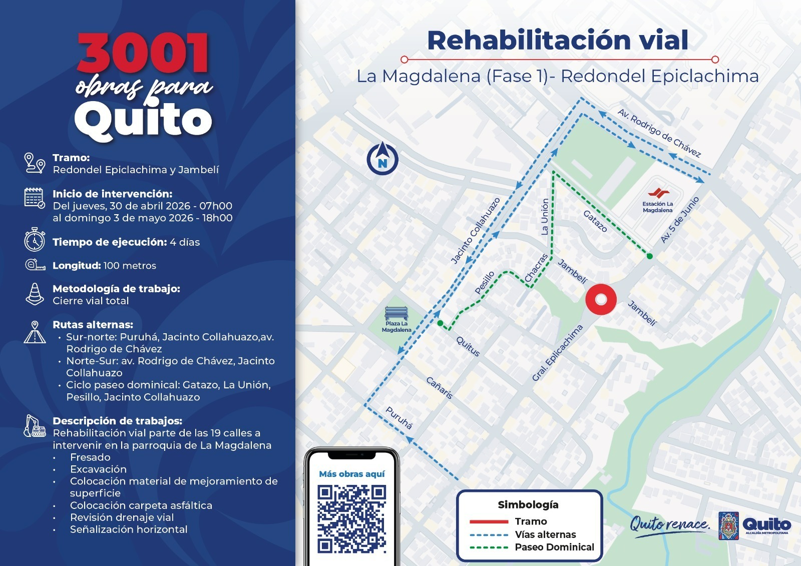 Maquinaria y personal de la Epmmop realizando la rehabilitación asfáltica en las calles de la parroquia La Magdalena