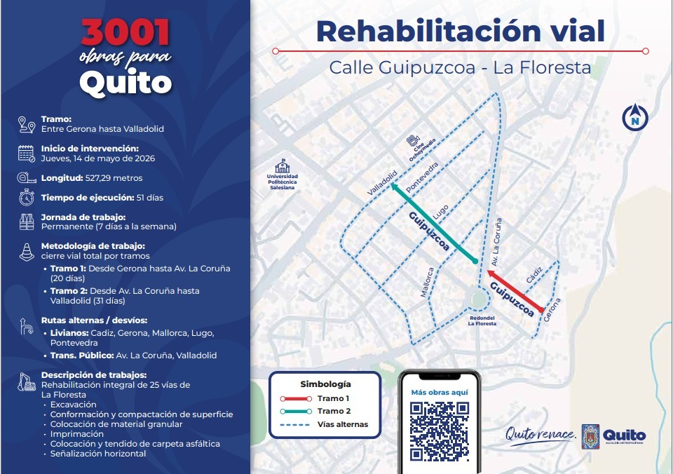 Personal y maquinaria de la EPMMOP iniciando la rehabilitación integral de la calle Guipuzcoa en el sector de La Floresta