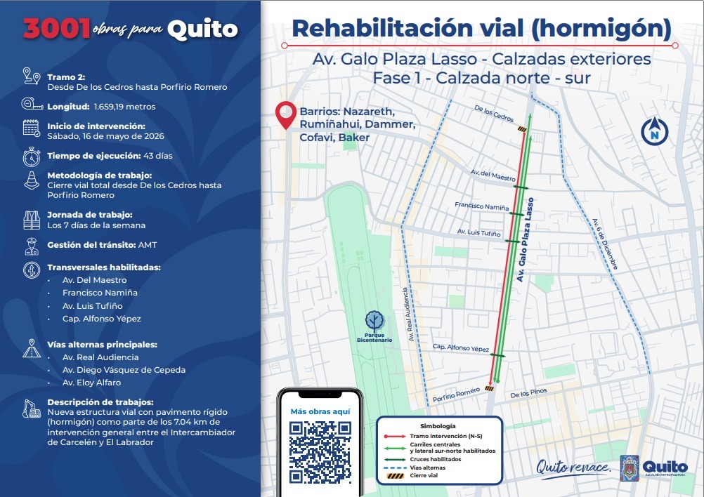 Maquinaria y personal de la EPMMOP iniciando la segunda fase de rehabilitación con hormigón en la avenida Galo Plaza Lasso