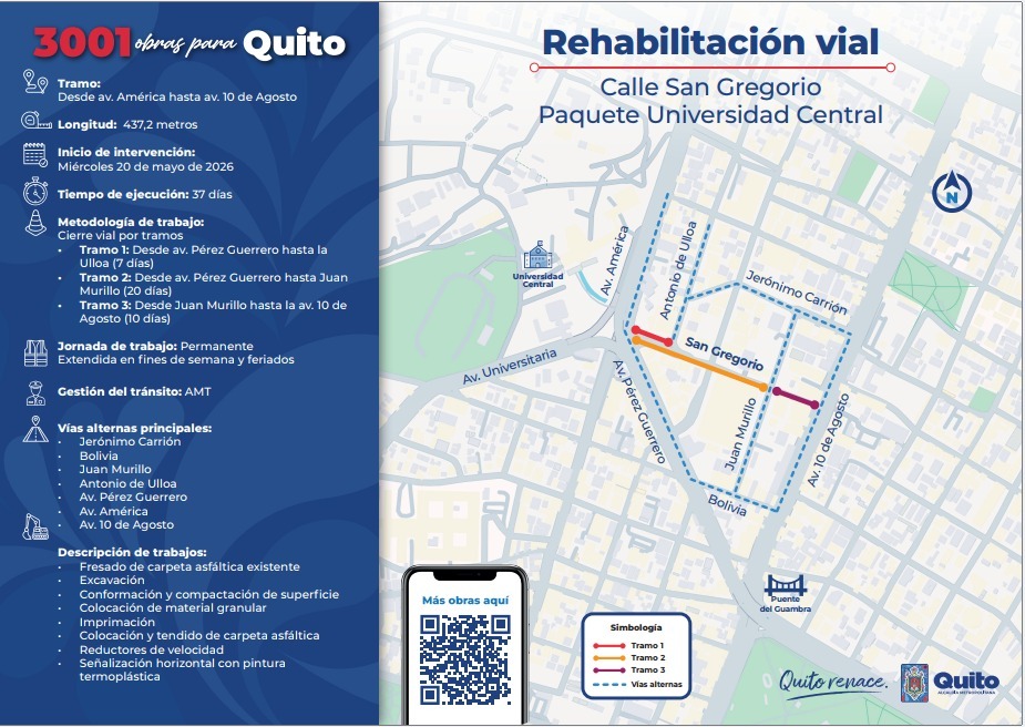 Personal y maquinaria de la EPMMOP ejecutando la rehabilitación asfáltica de la calle San Gregorio en el sector universitario