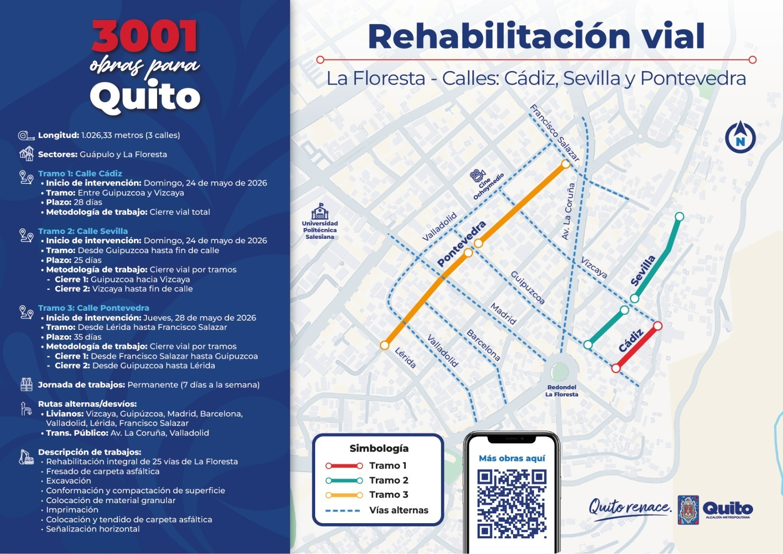Rehabilitación vial en La Floresta y Guápulo, calles Cádiz, Sevilla y Pontevedra