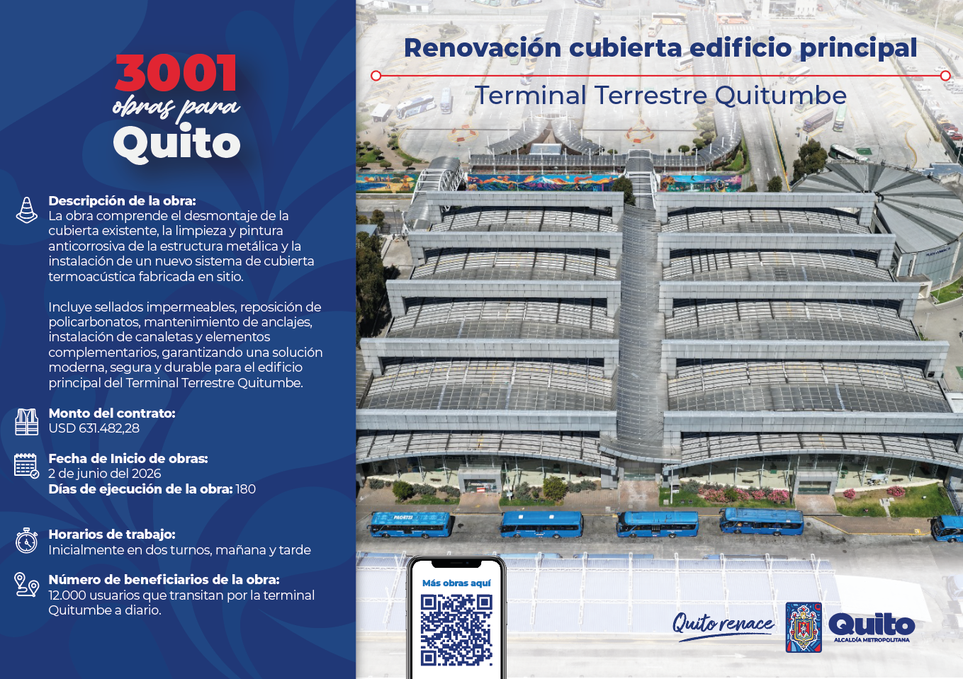 Trabajos de renovación de cubierta en el edificio principal de la Terminal Terrestre Quitumbe