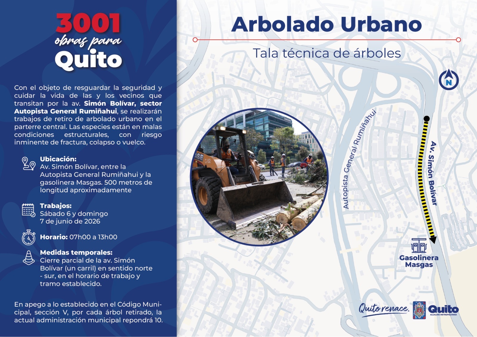 Mapa de intervención para retiro de árboles en parterre central de la av. Simón Bolívar, tramo Masgas - Autopista General Rumiñahui