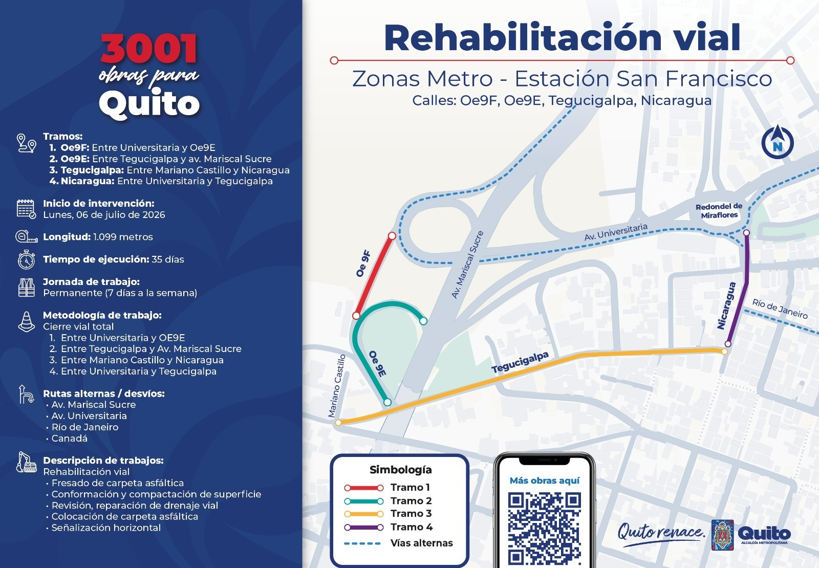Rehabilitación vial en sector Miraflores, calles de conexión a la estación San Francisco del Metro de Quito