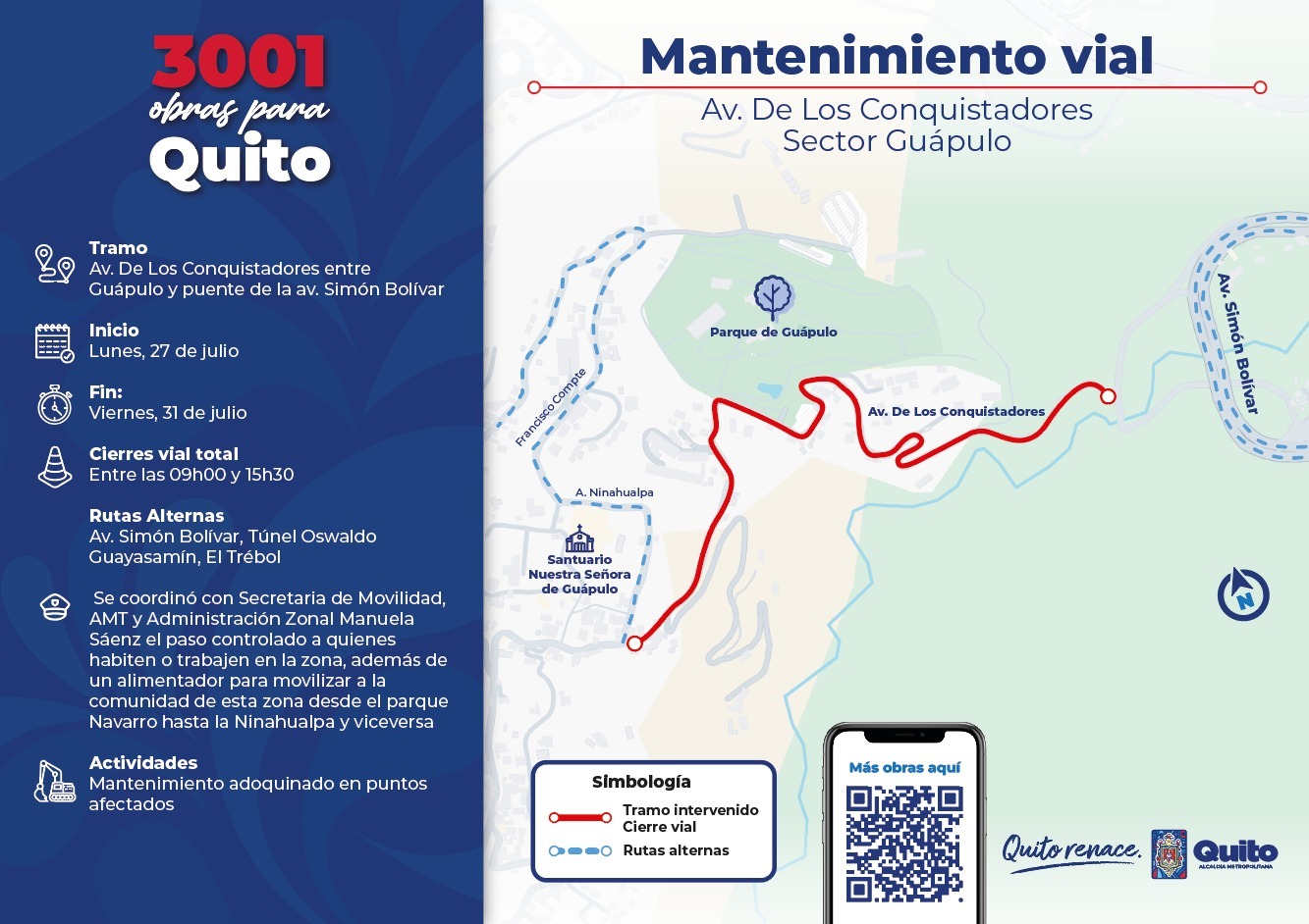 Trabajos de mantenimiento vial en adoquinado de la av. De Los Conquistadores, sector Guápulo